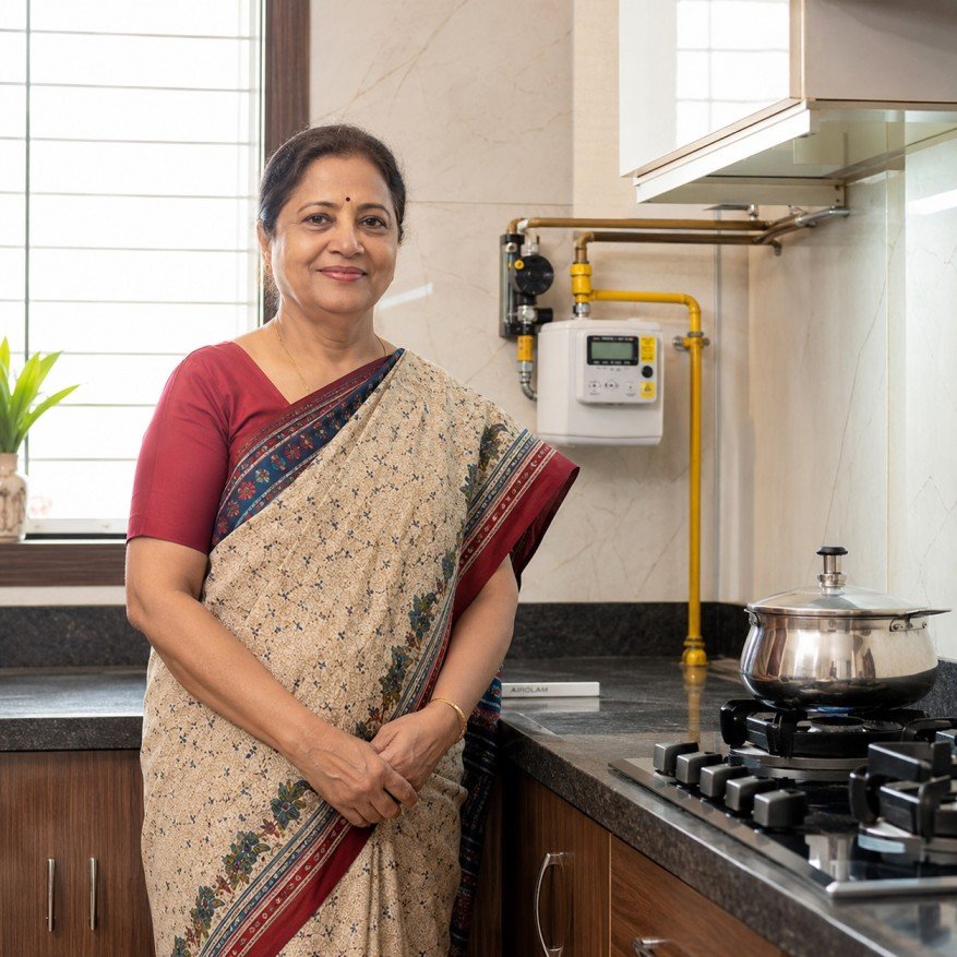Satisfied female customer in Delhi NCR after successful gas connection transfer